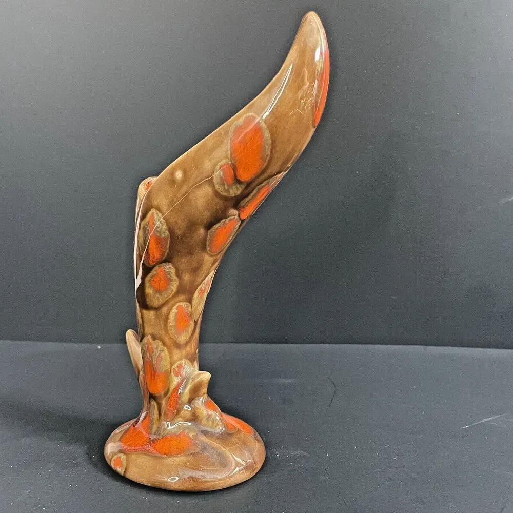 Vintage Bird Of Paradise MCM Pottery‎ Vase Orange Drip Signed Connie Nelson 1974